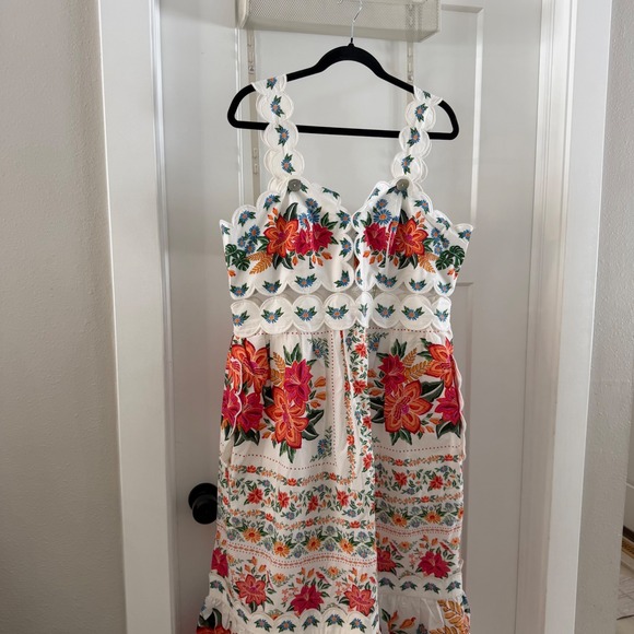 NWT Farm Rio Bloom Garden Midi Dress Off White Floral Embroidered Scallop  XL - Picture 9 of 9